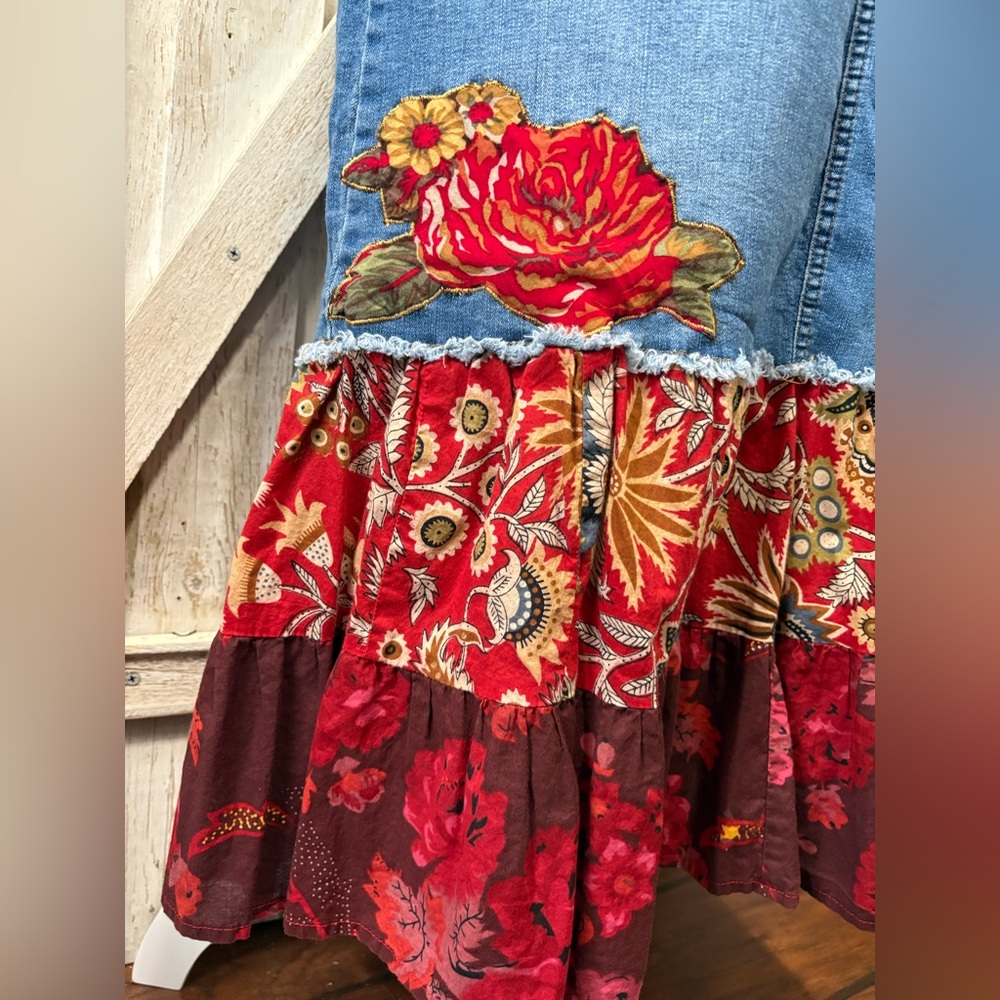 Boho Denim Midi Skirt with Red Floral Ruffle - Picture 4 of 4
